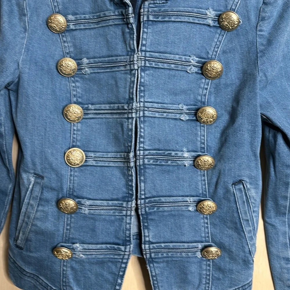 Free People Military Denim Jacket Gold Button Band Jacket XS - Picture 6 of 10